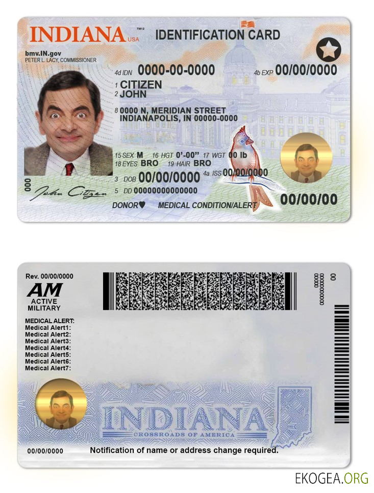 Carte d'identité de l'état de l'Indiana aux États Unis